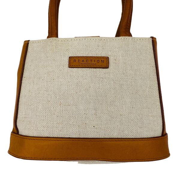 Reaction Kenneth Cole Mini Purse Beige Canvas Leather Trim - Picture 9 of 13